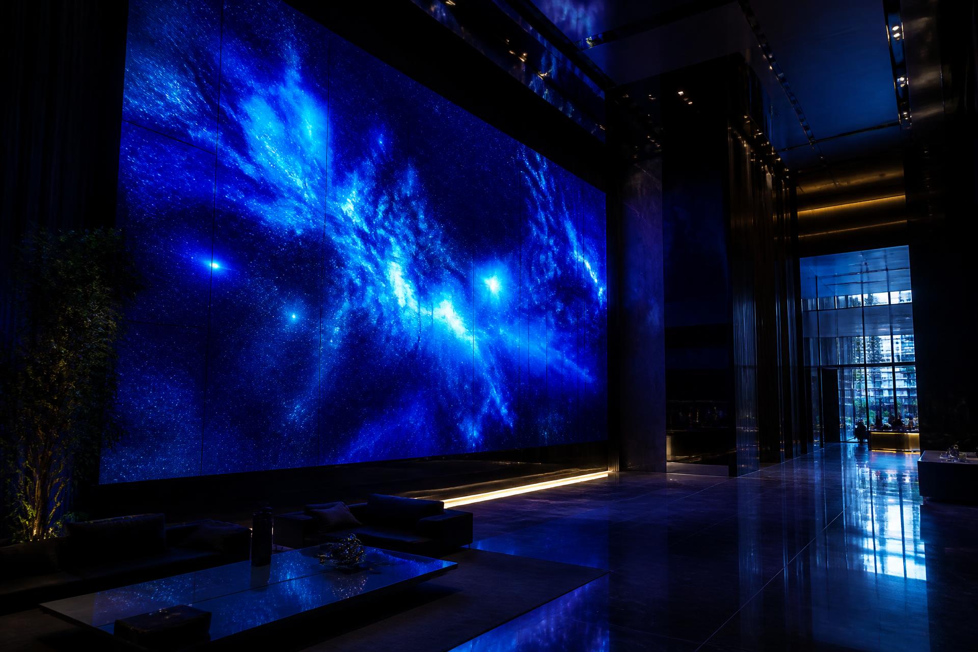 Painel de LED de grande formato instalado em lobby corporativo